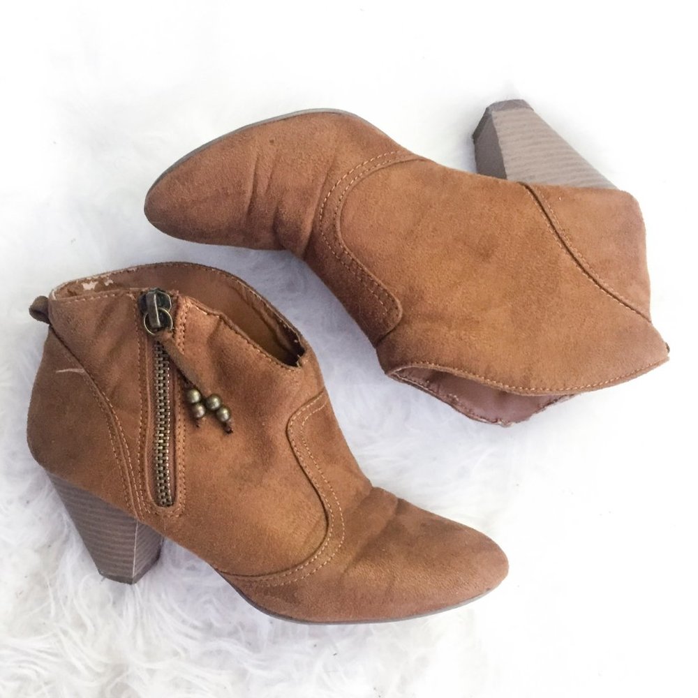 Madden Girl Payge Tan Slip-on Heeled Ankle Bootie